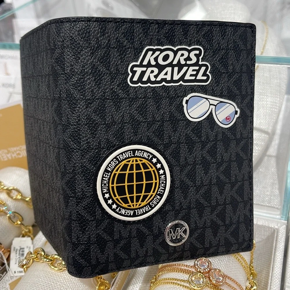Michael Kors Jet Set Travel Md Embellished Signature Logo Passport Case Black